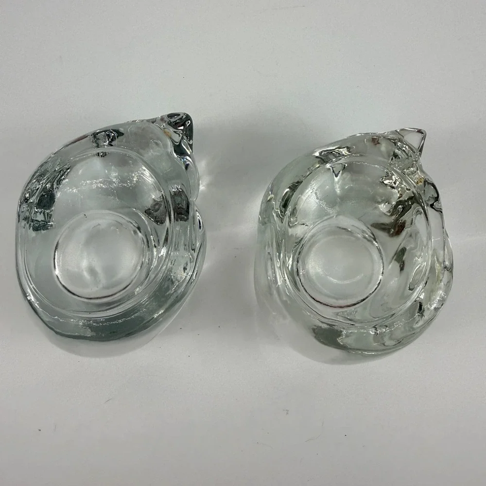 Vintage Indiana Glass Clear Cat Votive Candle Holders Pair